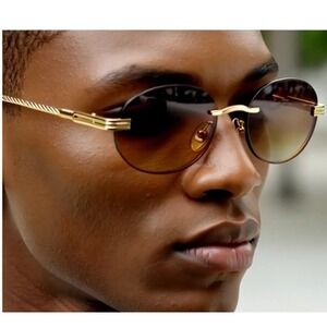 Oval Sunglasses Gold Frame Brown Lens Rimless Vintage‎ Style Men Trendy Hip Hop